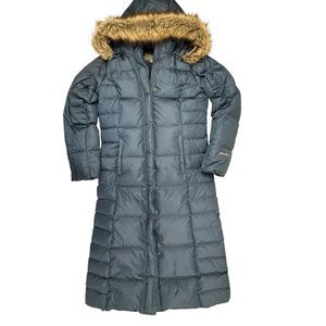 Eddie Bauer Lodge Down Duffle Coat Long Jacket Women Medium Navy Parka Fur